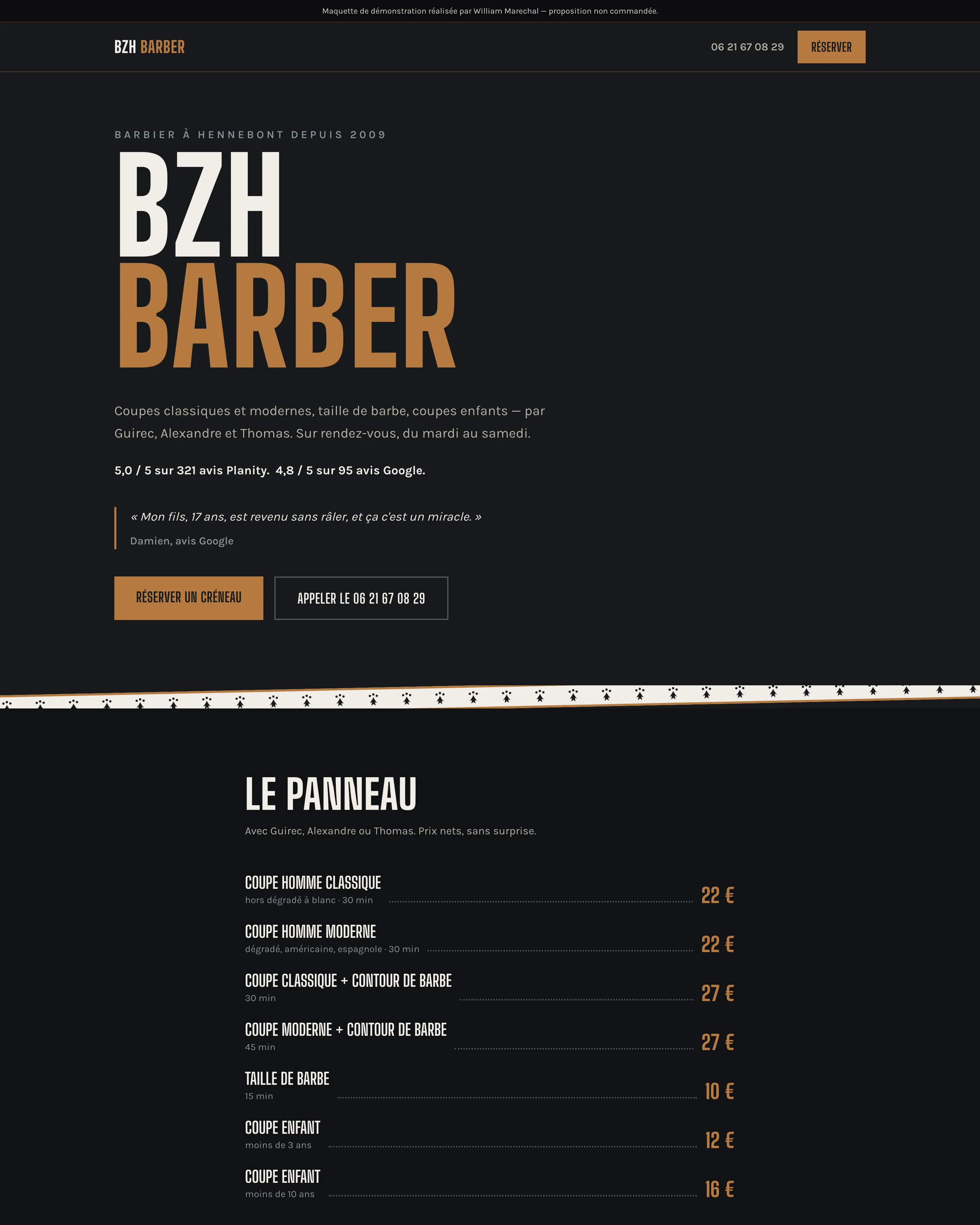Site BZH Barber : hero du salon et prestations