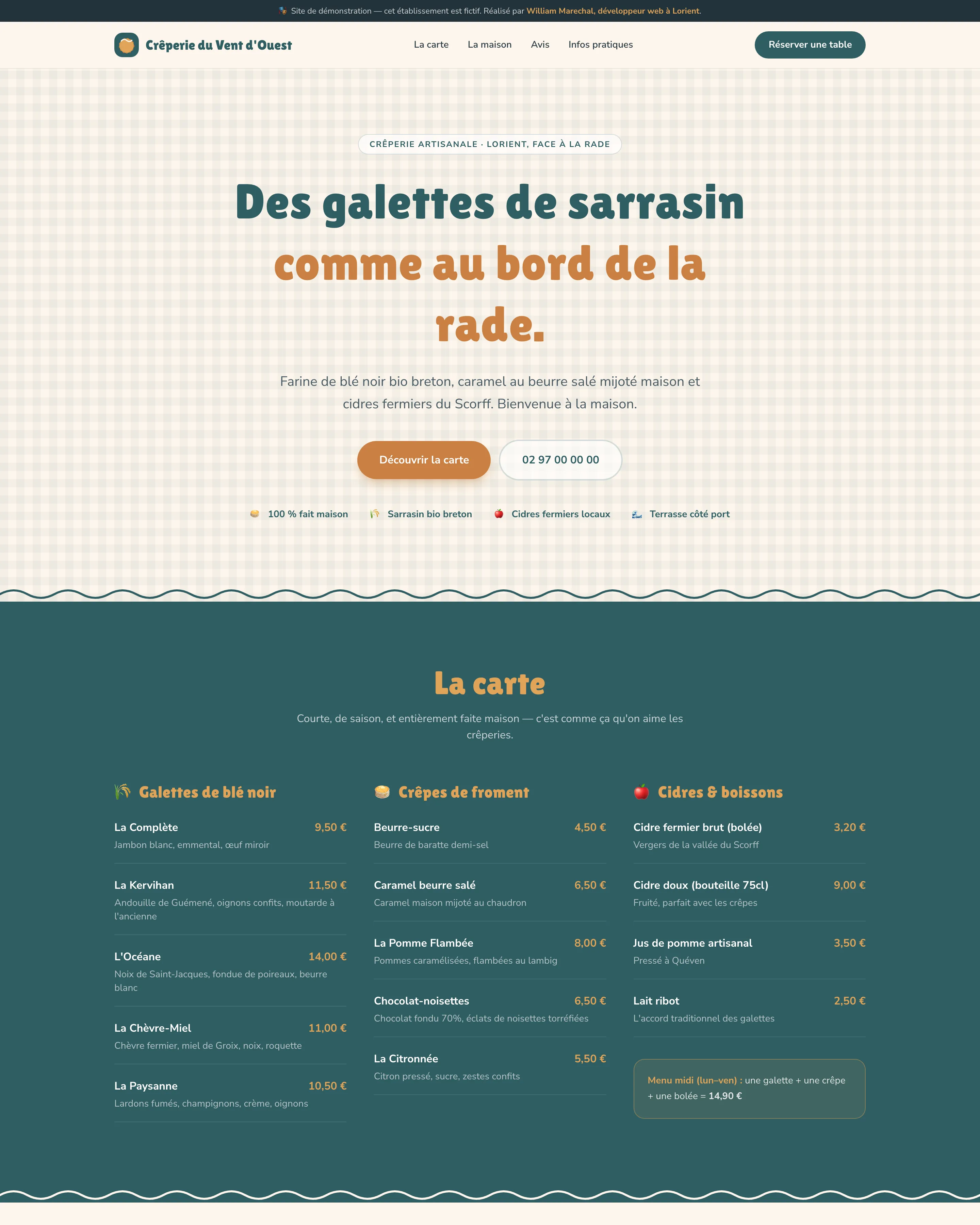 Site de la Crêperie du Vent d'Ouest : hero et carte des galettes