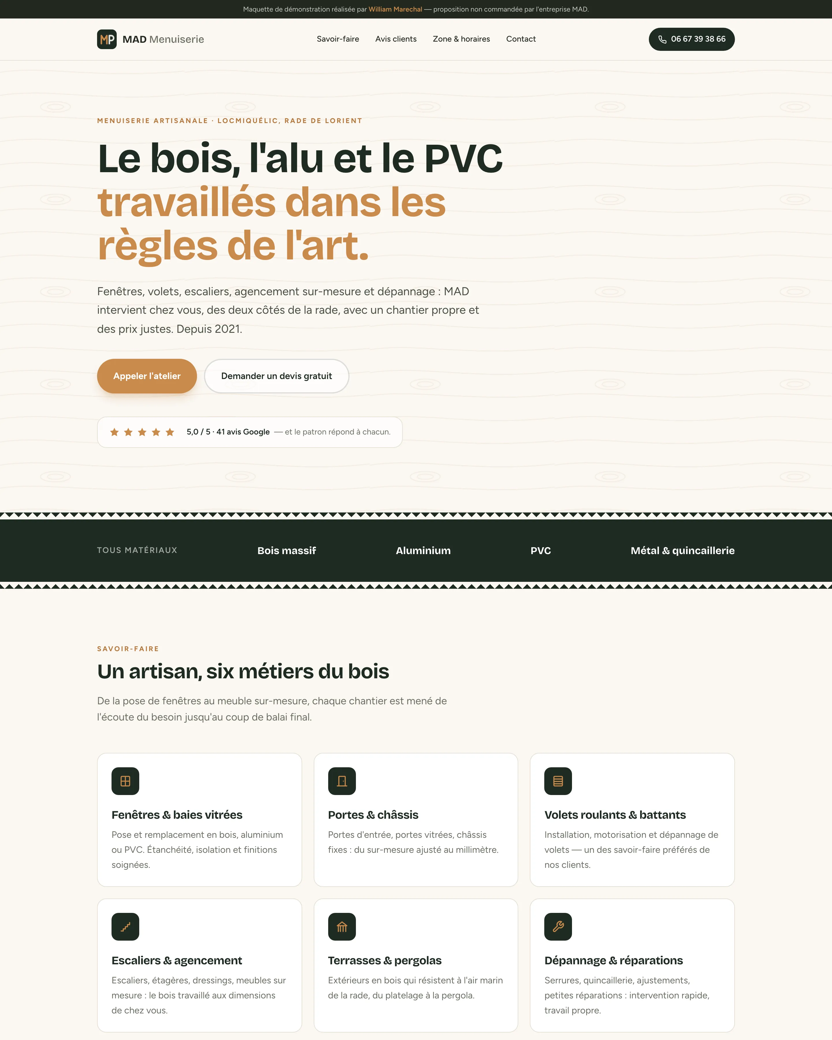 Site MAD Menuiserie : hero et présentation des prestations